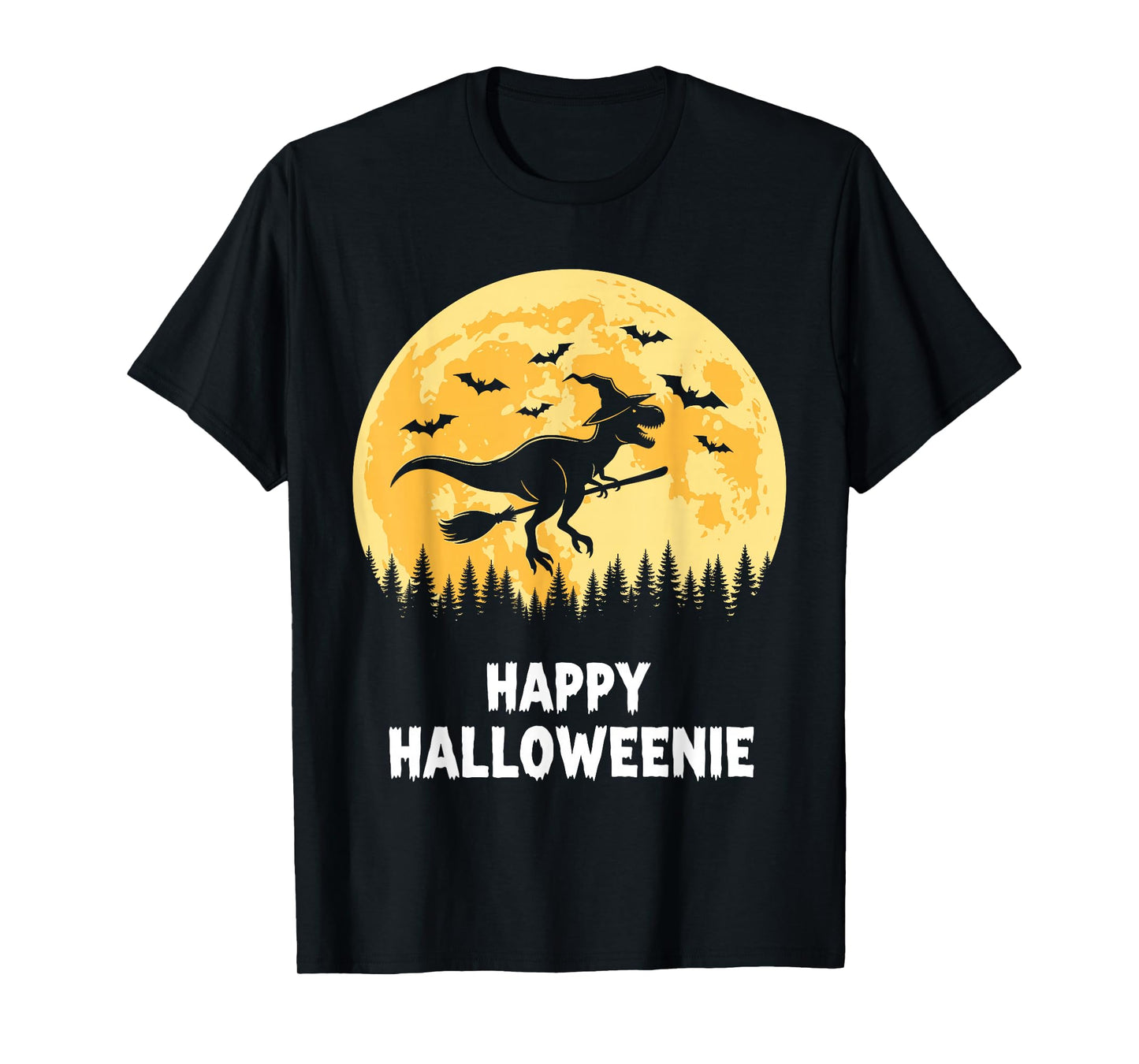 Happy Halloweenie Funny Dinosaur T Rex Flying Witch T-Shirt