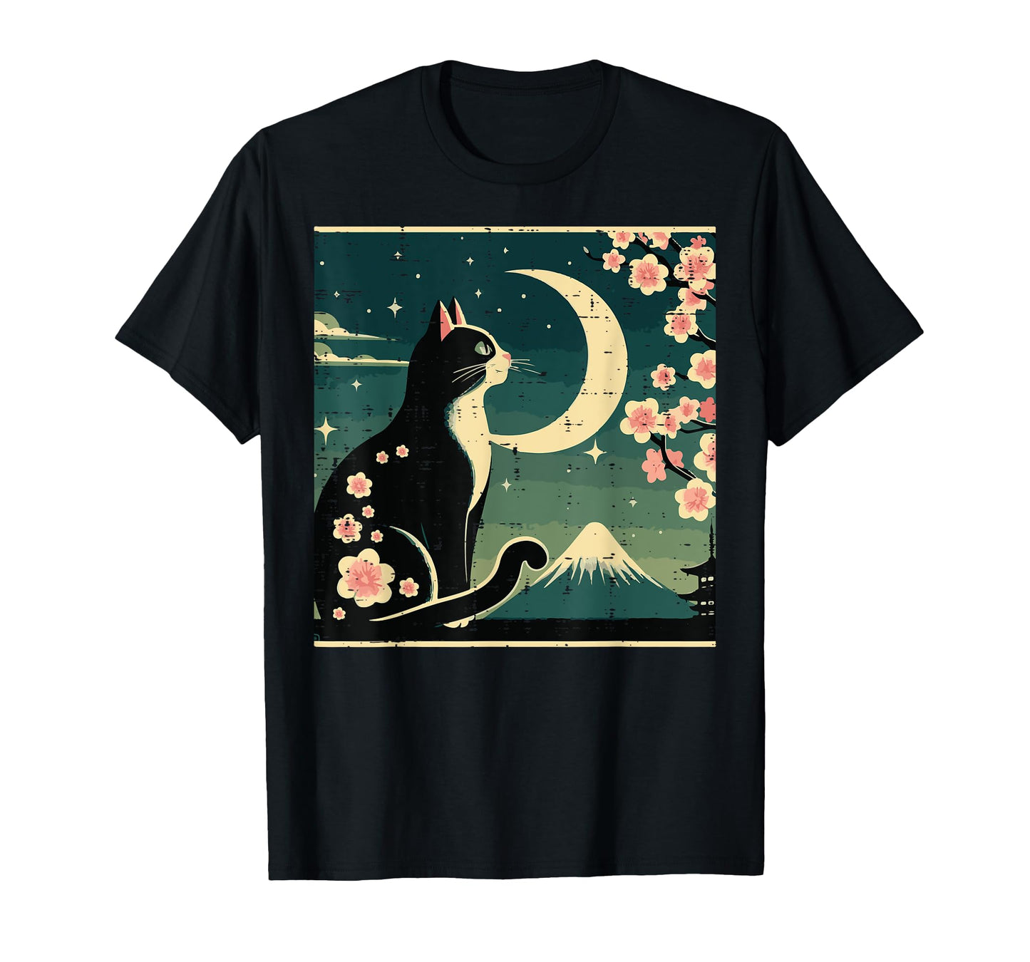 Japanese Tuxedo Cat Moon Sakura Vintage Art Women Girls Kids T-Shirt