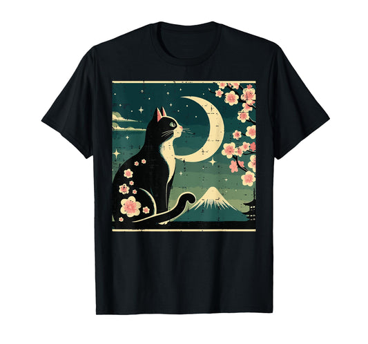 Japanese Tuxedo Cat Moon Sakura Vintage Art Women Girls Kids T-Shirt