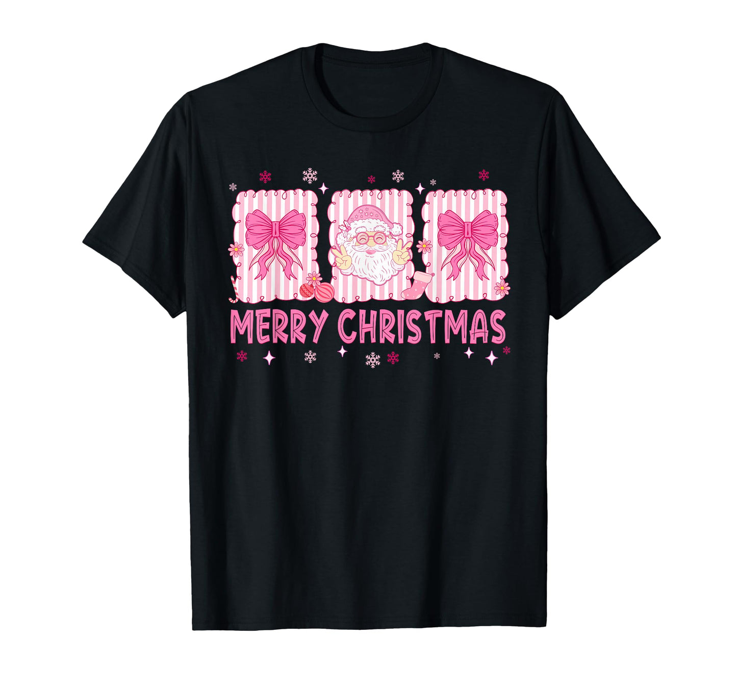 Preppy Merry Christmas Pink Santa Coquette Bow Girl Women T-Shirt