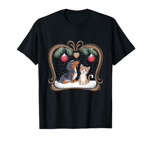 Dachshund Dog Cat Christmas Ball Snowflakes X-mas Holiday T-Shirt