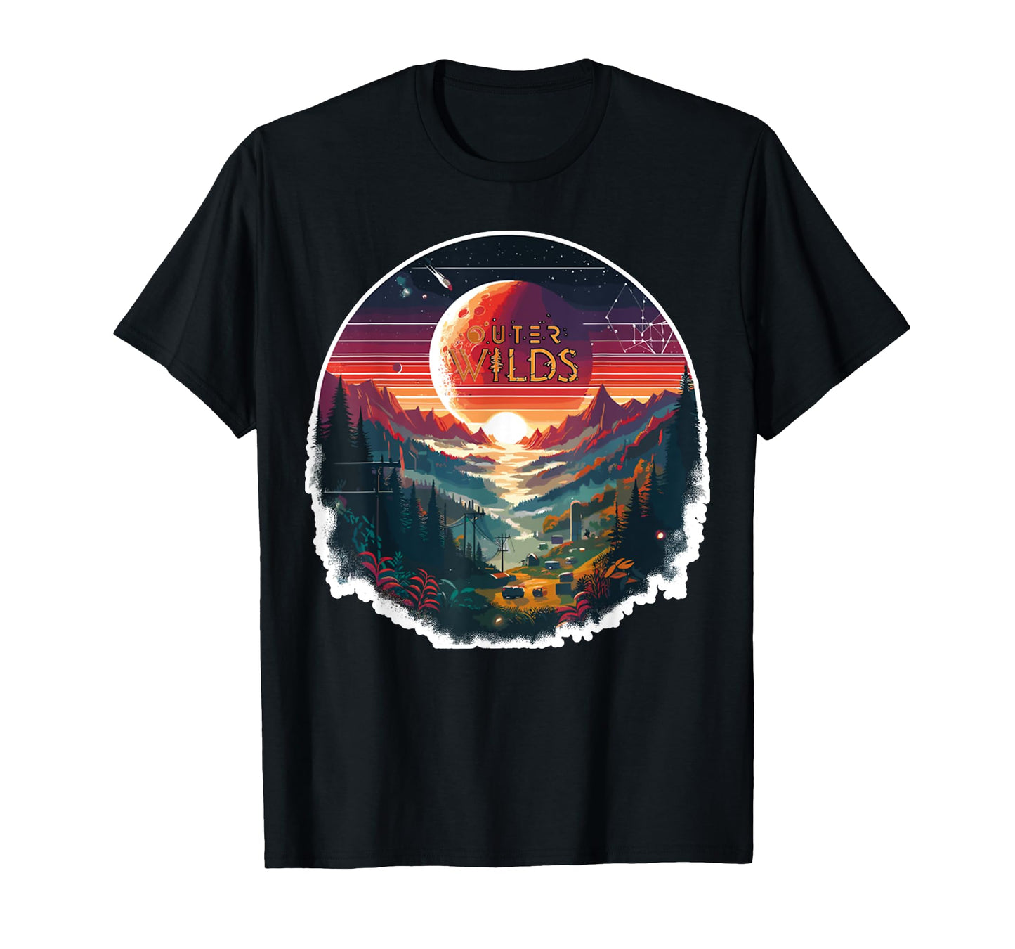 Outer Wilds Text Moon Mountain Forest Tree House Sun T-Shirt