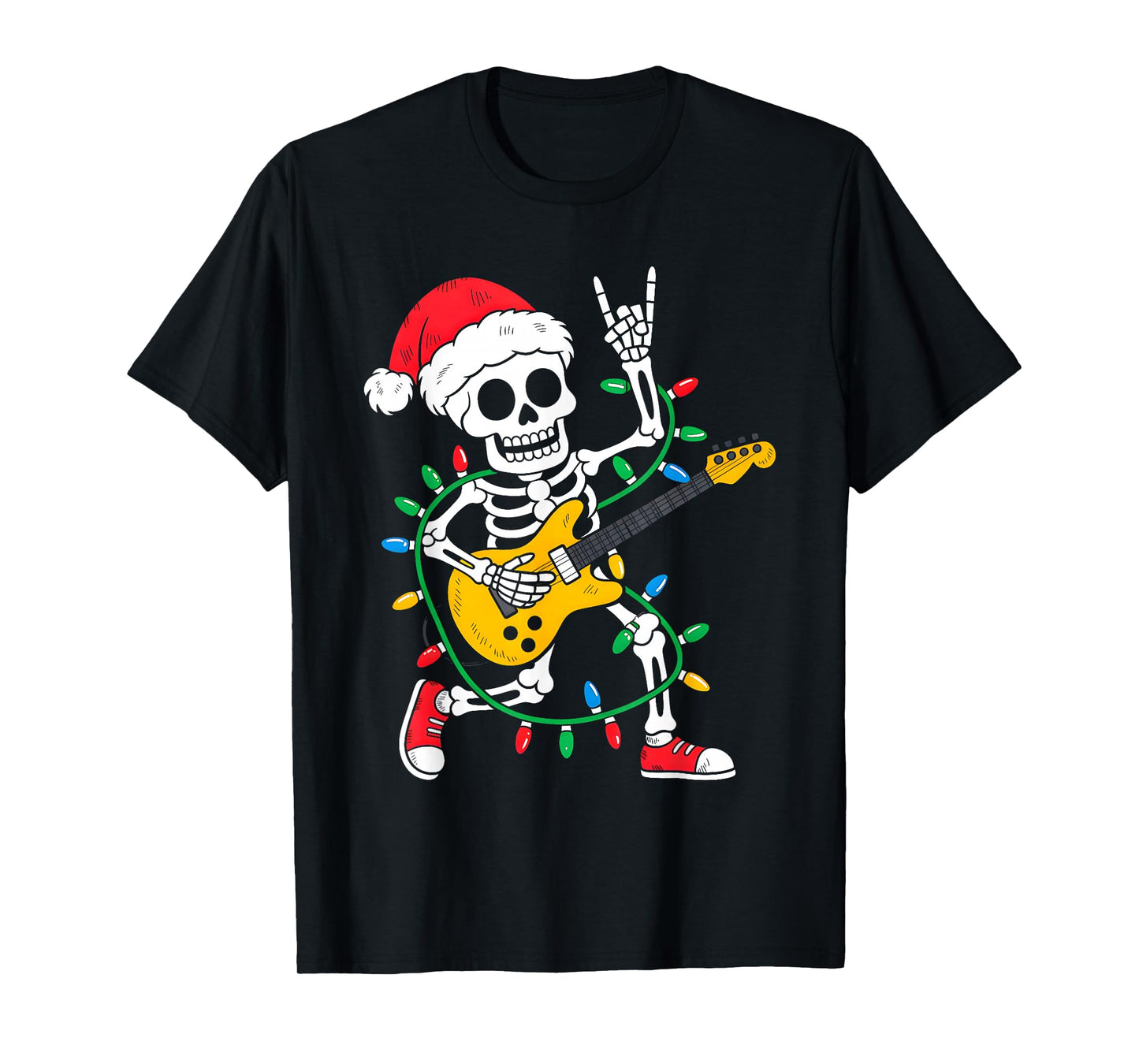 Xmas Santa Skeleton Playing Guitar Rock Funny Christmas T-Shirt
