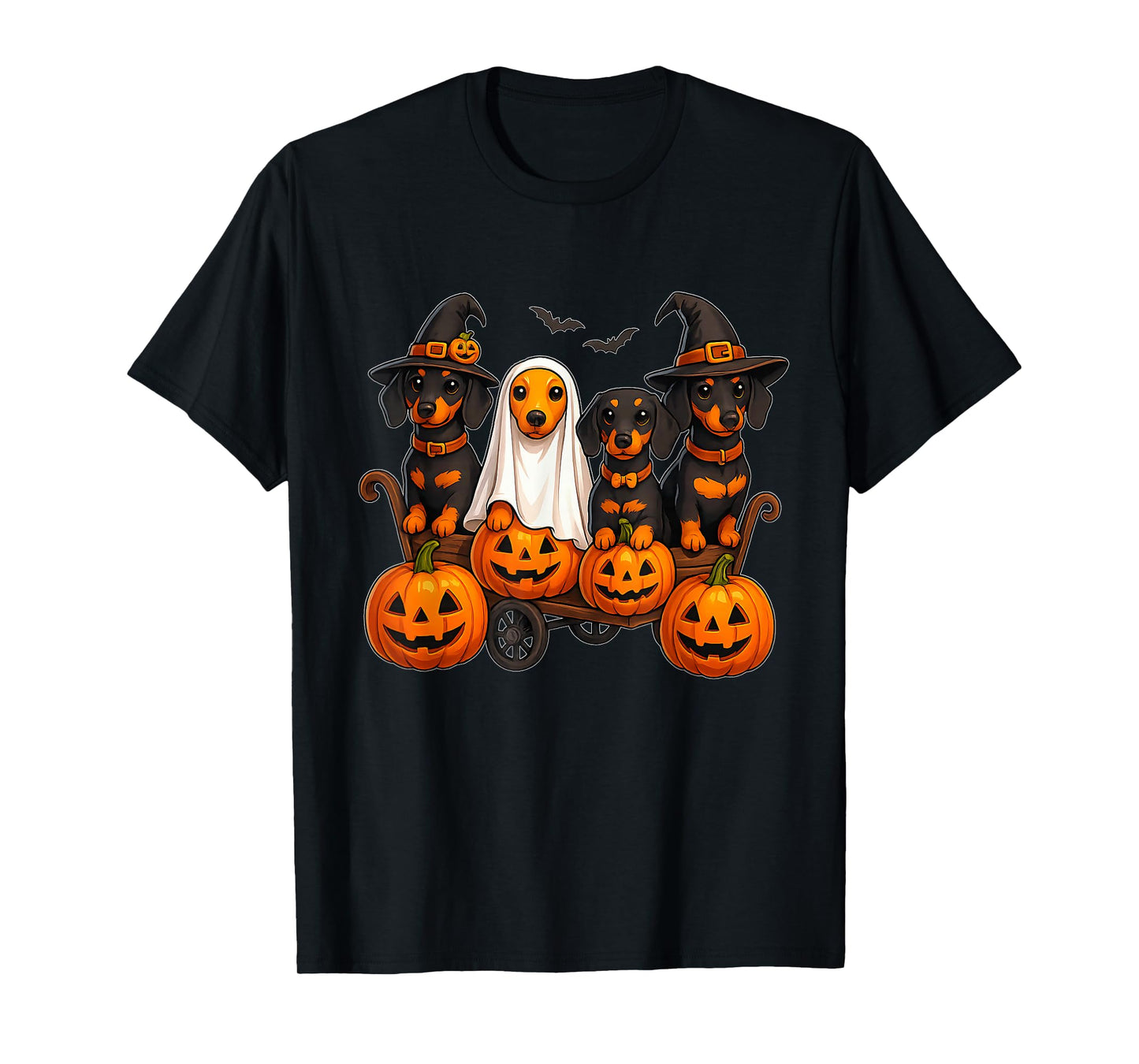 Halloween Dachshund Dogs Ghost Witch Pumpkins Wooden Wagon T-Shirt