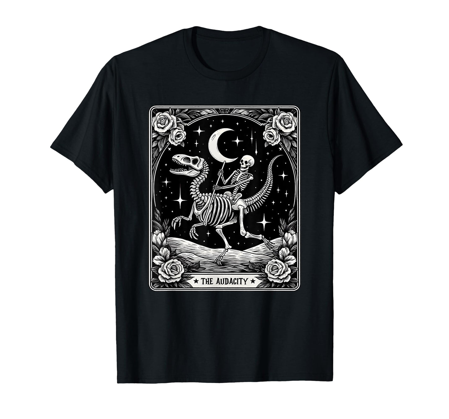 The Audacity Skeleton Riding Dinosaur Tarot Card Halloween T-Shirt