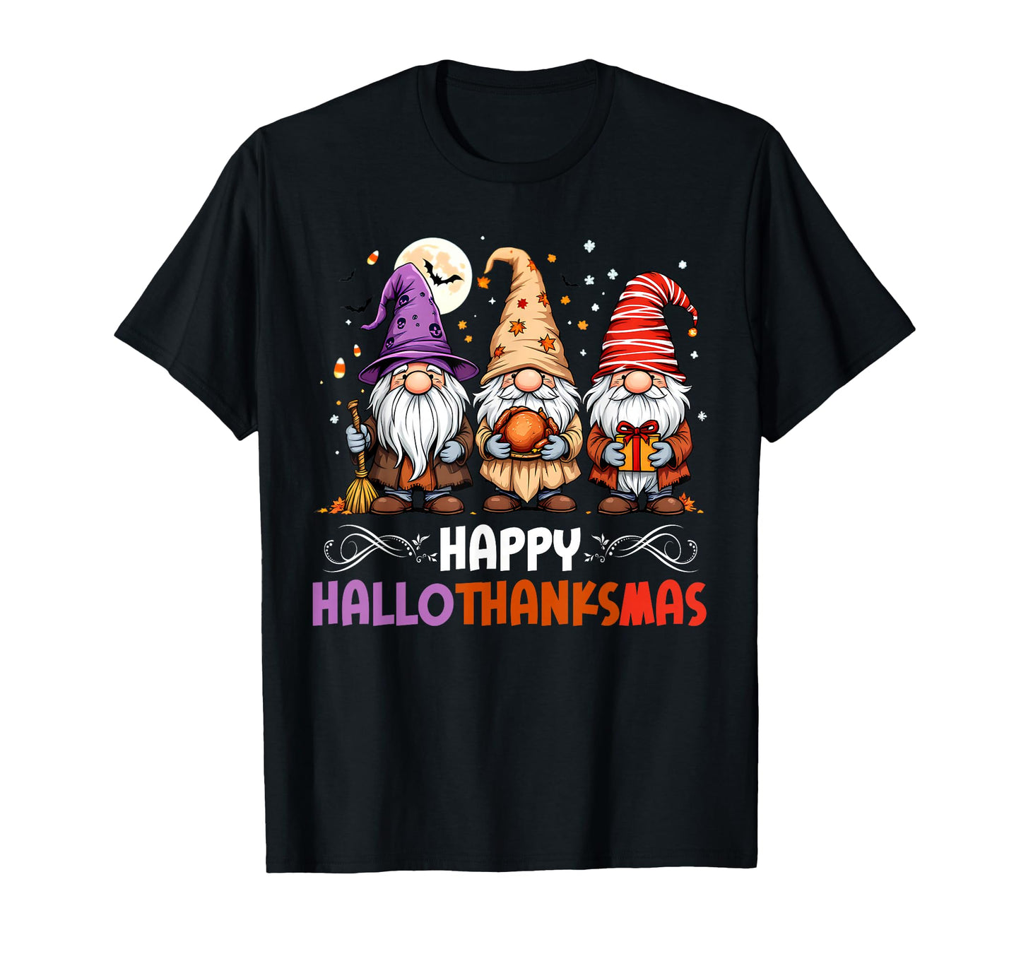 HalloThanksMas Gnomes Halloween Thanksgiving Christmas Happy T-Shirt