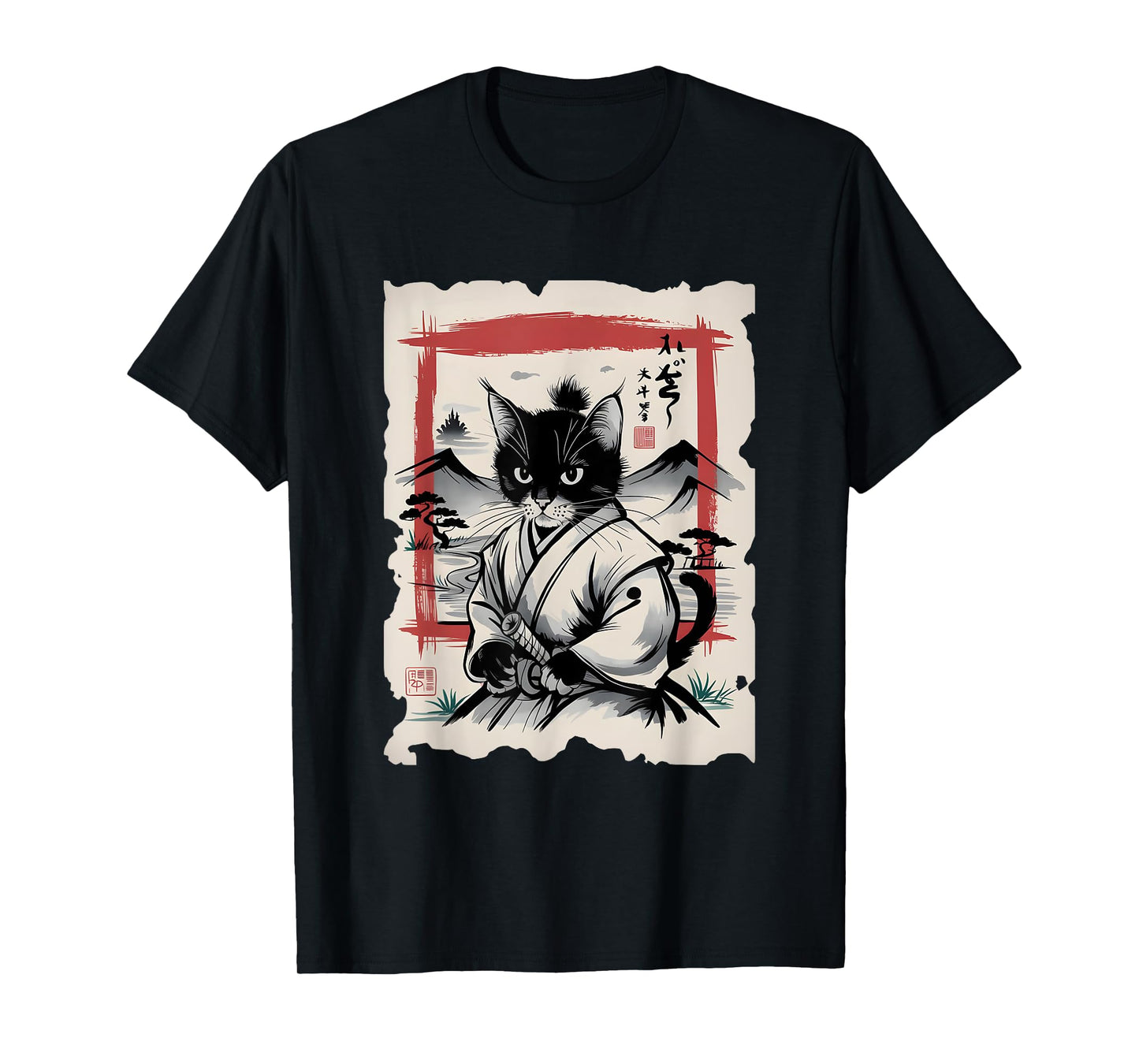 Samurai Cat Sumi-e Graphic - Vintage Warrior Japanese Art Men Women Girls Kids T-Shirt