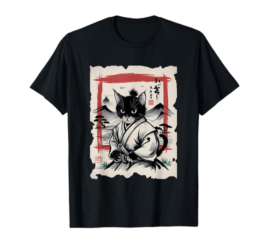 Samurai Cat Sumi-e Graphic - Vintage Warrior Japanese Art Men Women Girls Kids T-Shirt