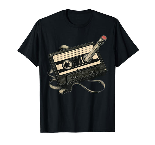 Retro Cassette Tape with Pencil Rewind T-Shirt