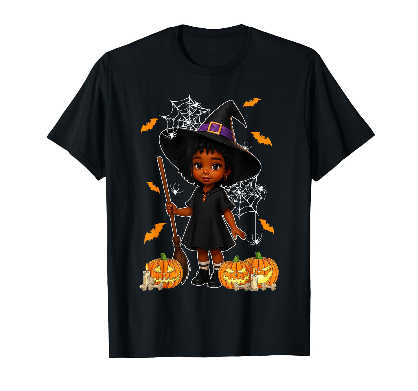 Cute Afro Girl in Witch Costume Halloween Afro Girls Kids T-Shirt