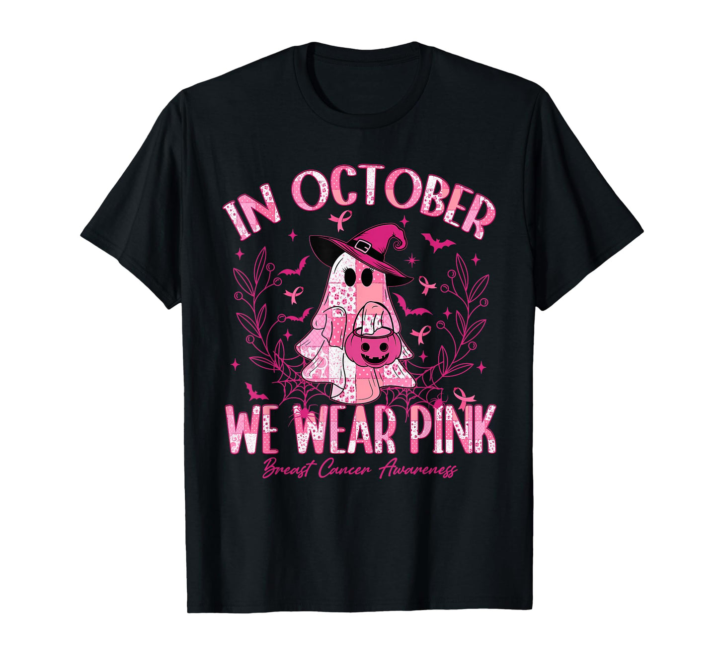 in October We Wear Pink Ghost Witch Breast Cancer Awareness T-Shirt
