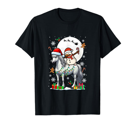 Dabbing Snowman On Horse Christmas Santa Colorful Lights T-Shirt