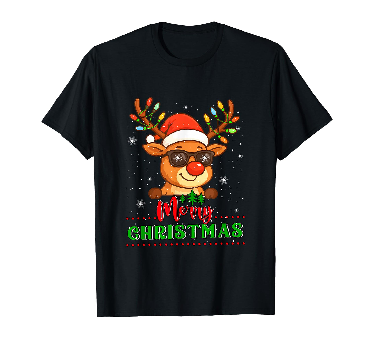 Merry Christmas Cute Reindeer Sunglasses Colorful Lights T-Shirt