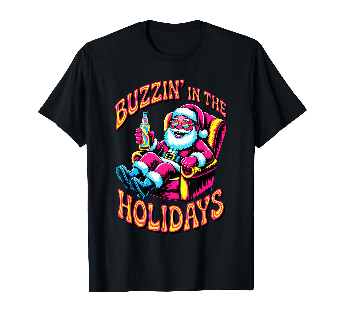 Psychedelic Drunk Santa Buzzing in Holidays Christmas Beer T-Shirt