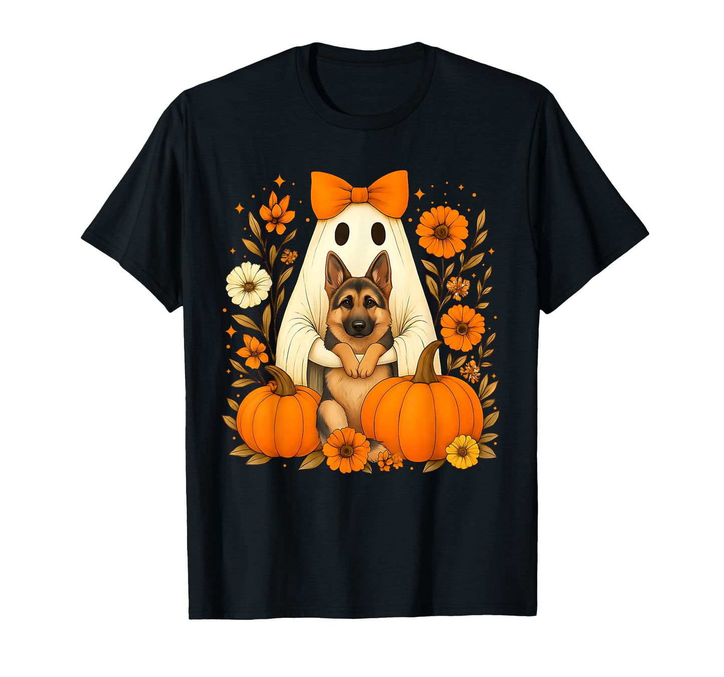 Vintage Halloween Ghost Holding German Shepherd Dog T-Shirt
