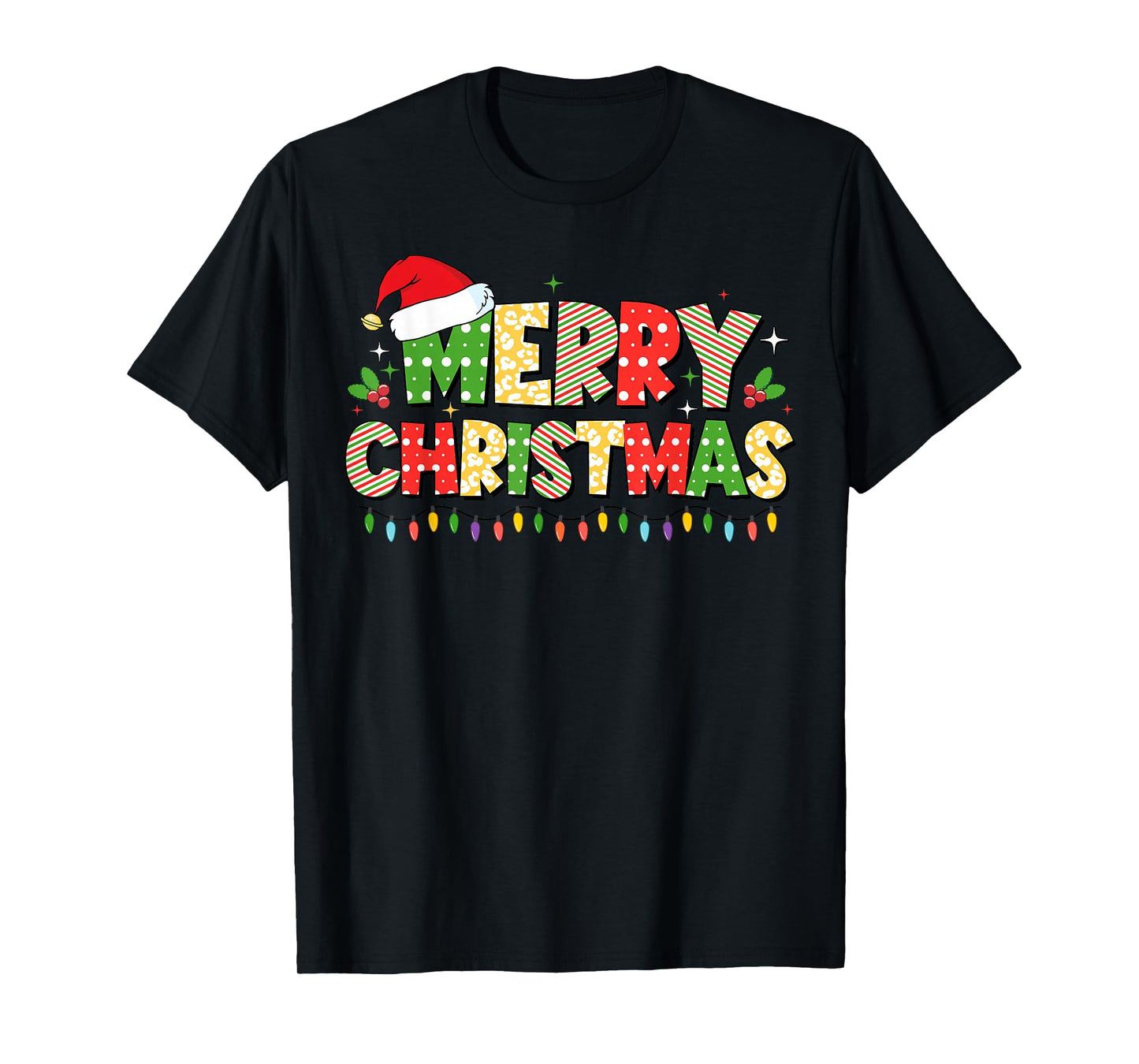 Merry Christmas Lights Santa Hat Xmas Family Men Women Kids T-Shirt