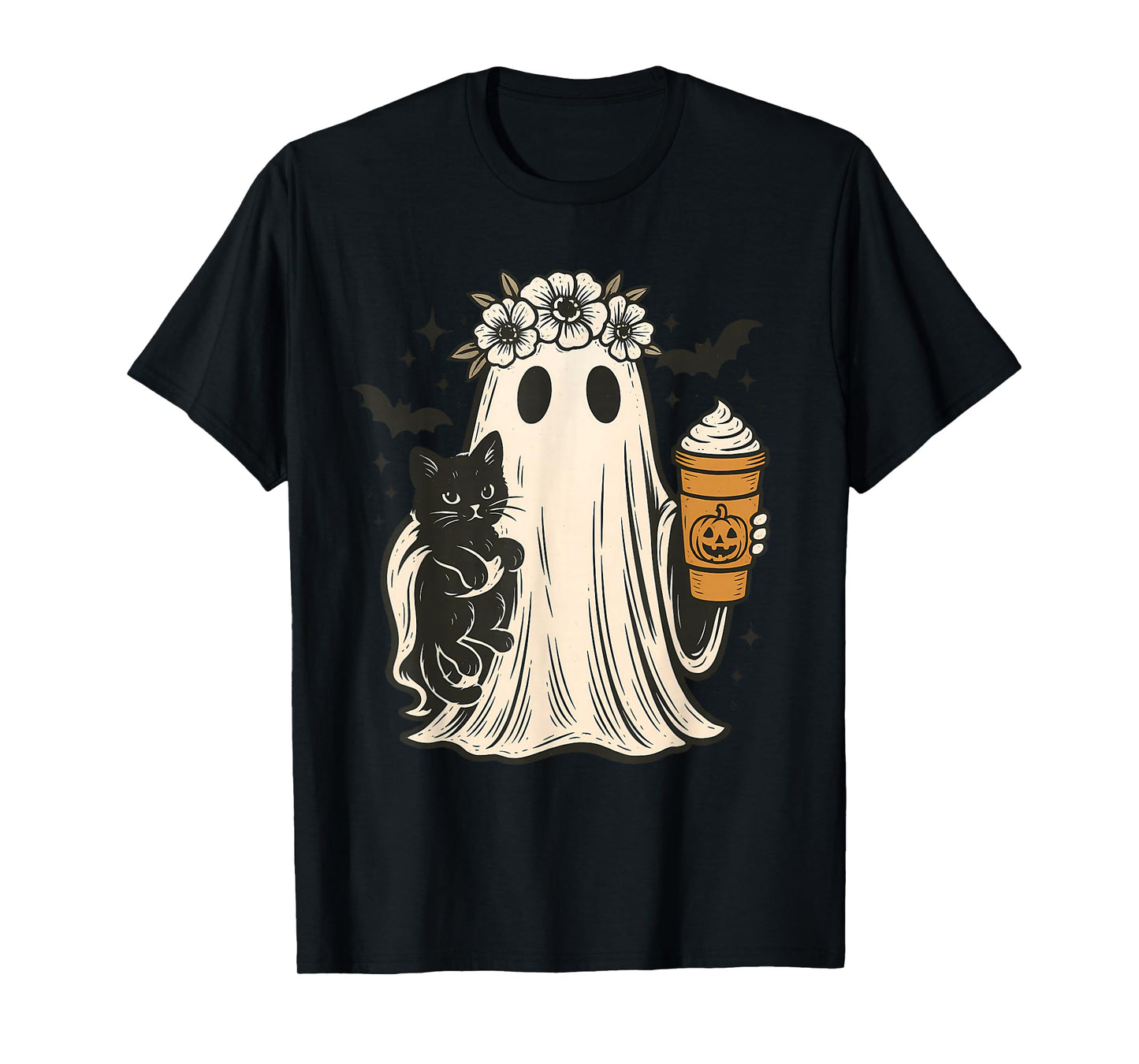 Halloween Ghost Holding Black Cat with ice Cream T-Shirt