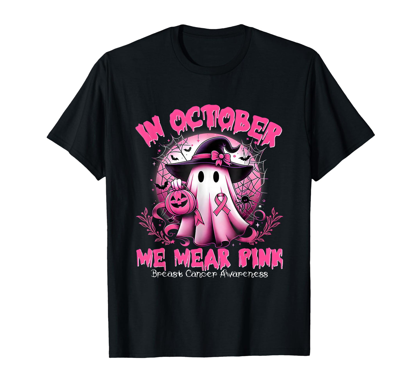 in October We Wear Pink Ghost Witch Breast Cancer T-Shirt