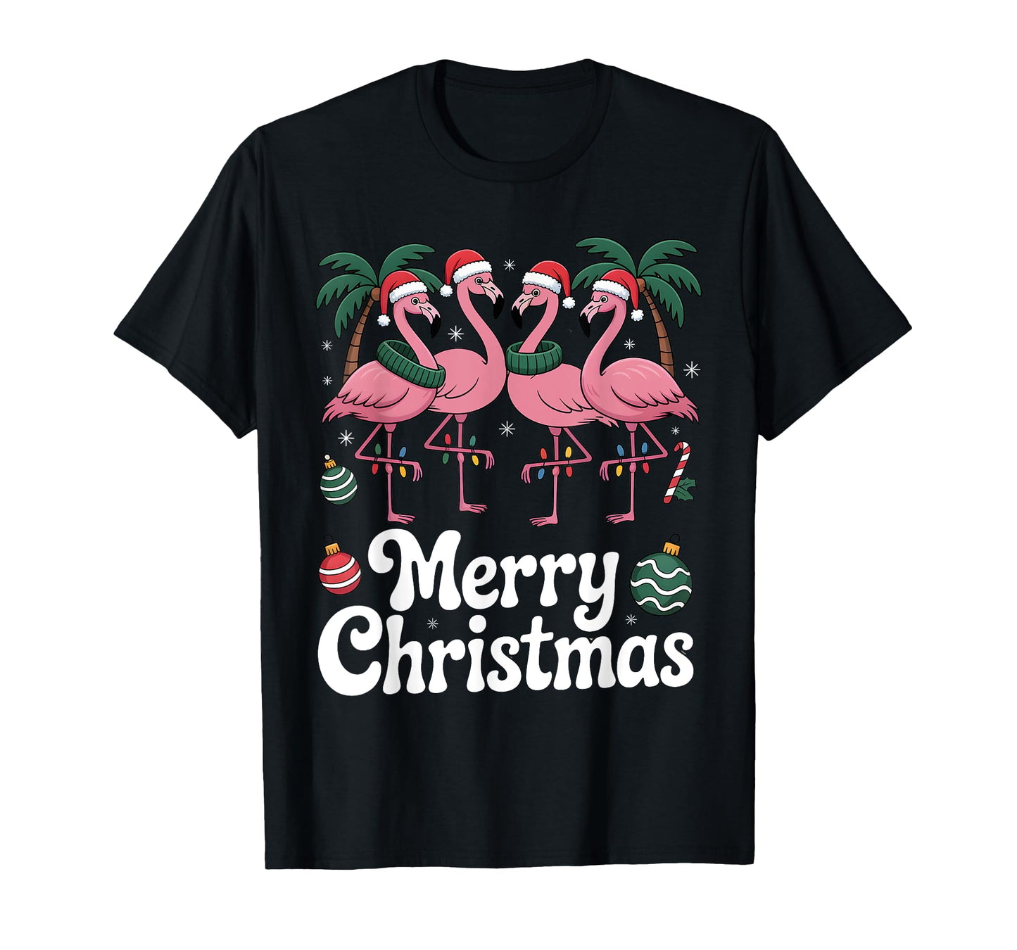 Merry Christmas Pink Flamingo Santa Hat Xmas Lights T-Shirt