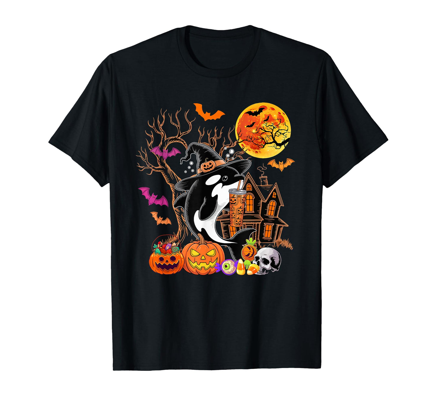 Orca As Witch Drinking Coffee Halloween Carved Pumpkin T-Shirt