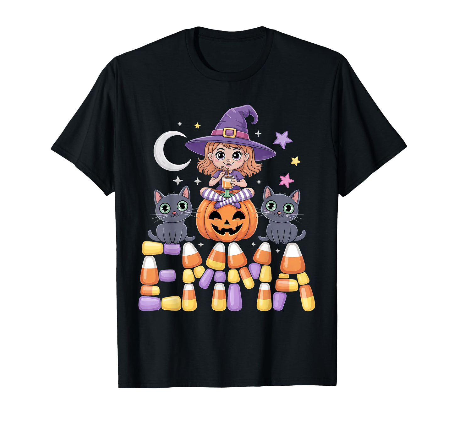 Emma Witch Candy Corn Cat Halloween Women and Girls T-Shirt
