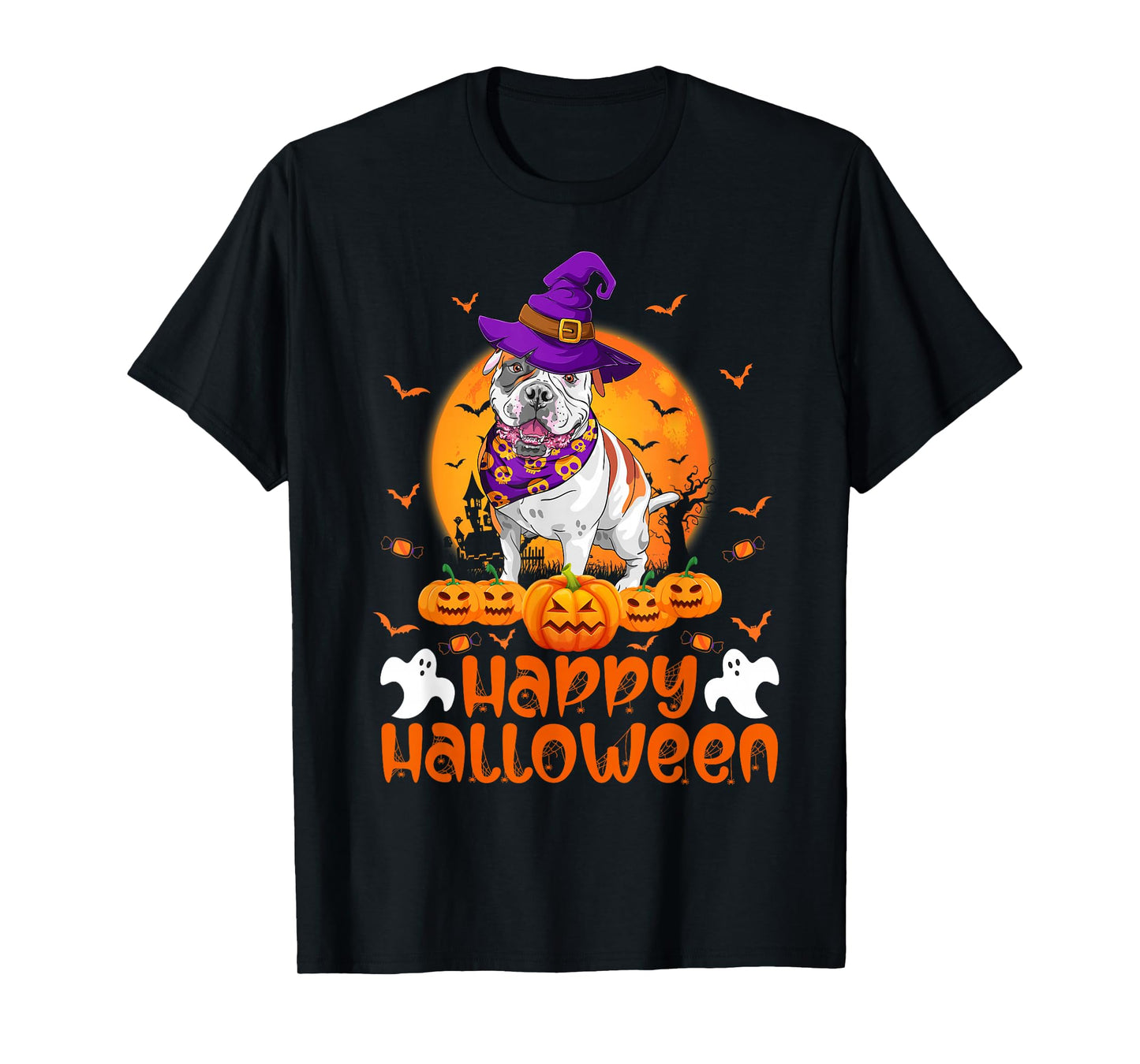 Vintage Pumpkin American Bulldog Witch Dog Funny Halloween T-Shirt