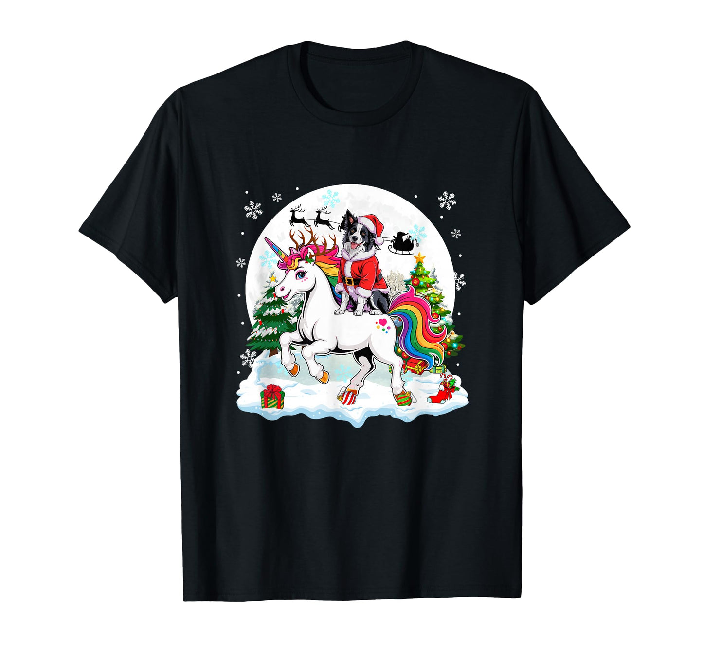 Santa Border Collie Riding Unicorn Reindeer Christmas Owner T-Shirt