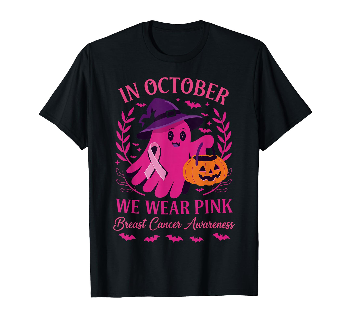 in October We Wear Pink Women Halloween Breast Cancer T-Shirt