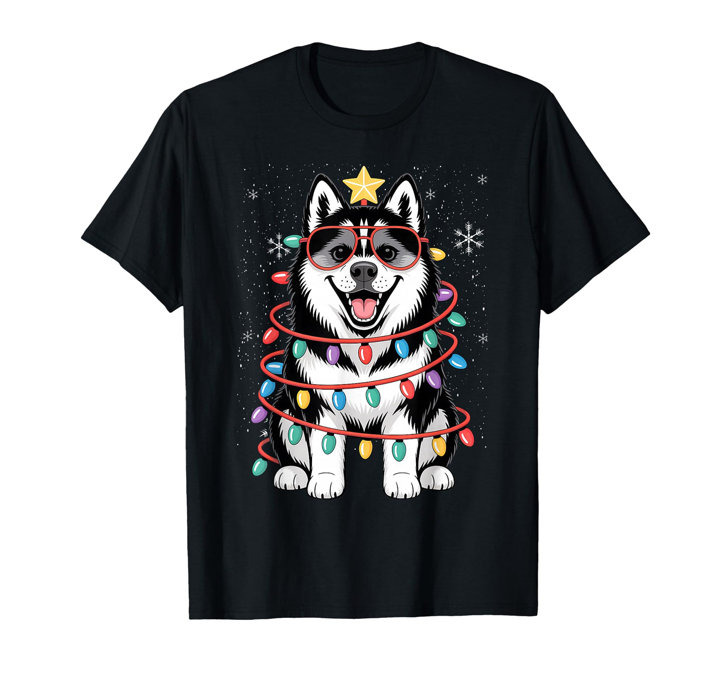 Siberian Husky Christmas Tree Lights Santa Xmas Dog T-Shirt