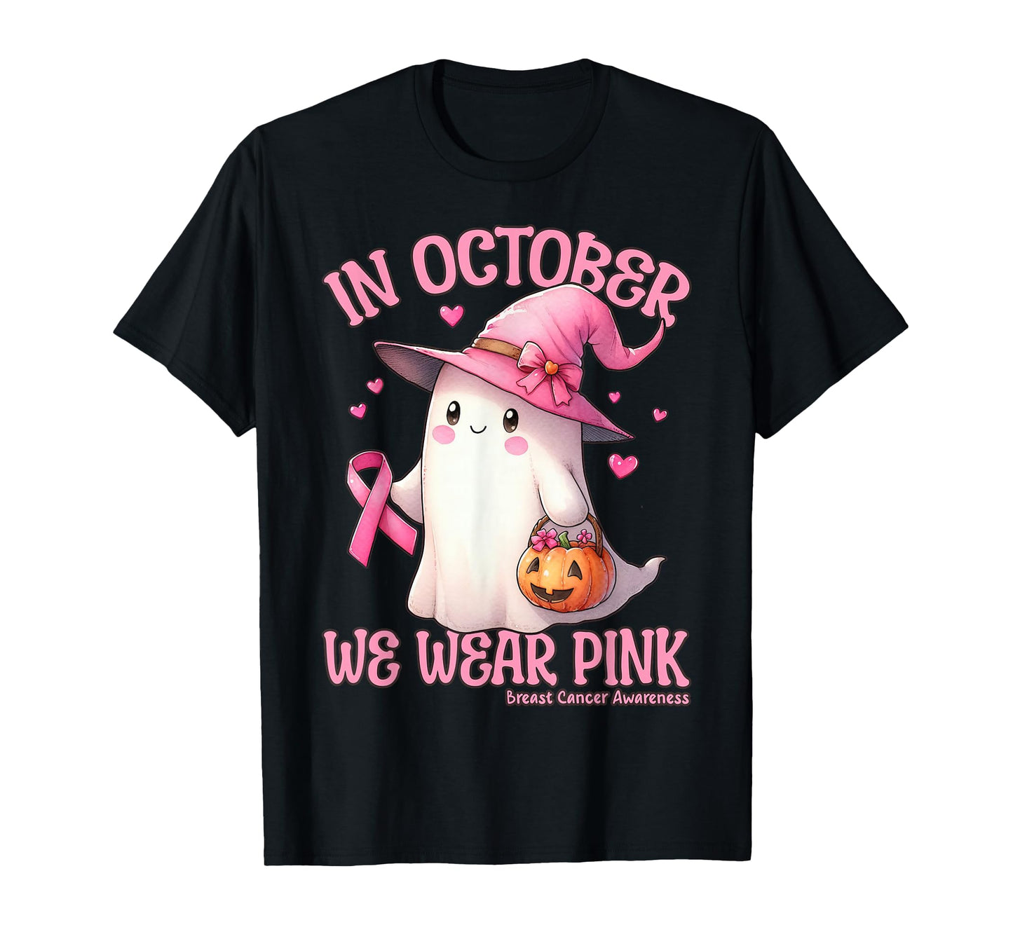 in October We Wear Pink Breast Cancer Ghost Witch Halloween T-Shirt