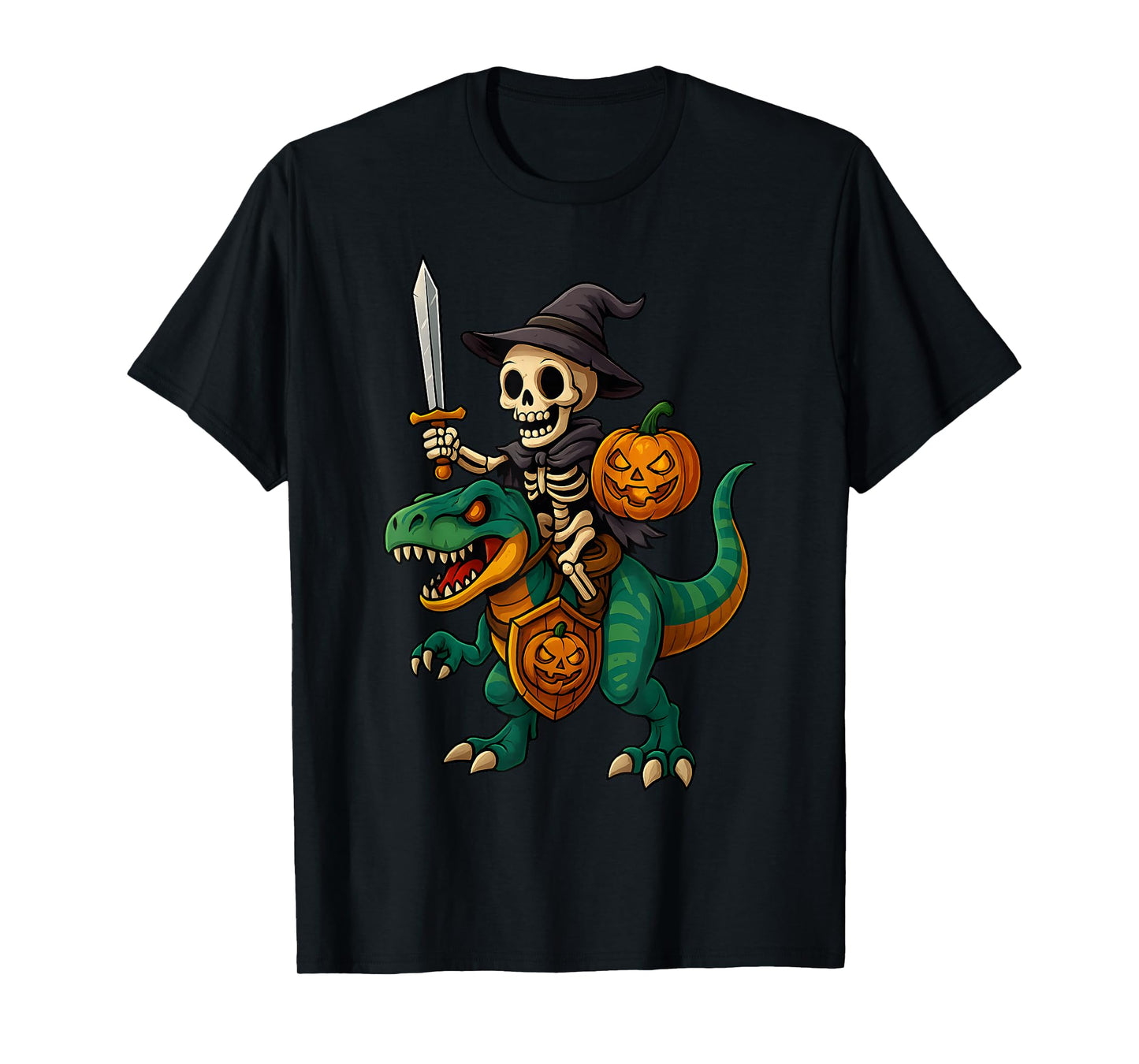 Funny Skeleton Riding T Rex with Sword and Pumpkin Halloween T-Shirt