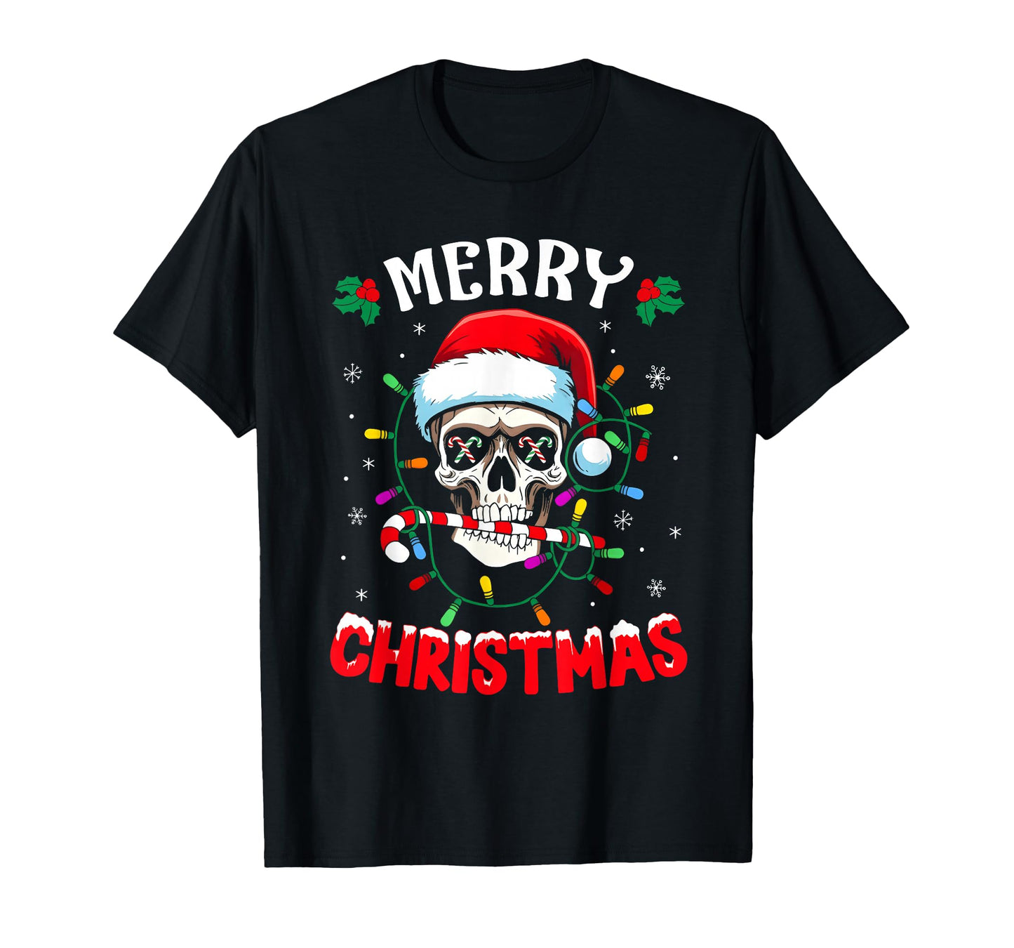 Merry Christmas Lights Red Santa Hat Skull Family Men Women T-Shirt