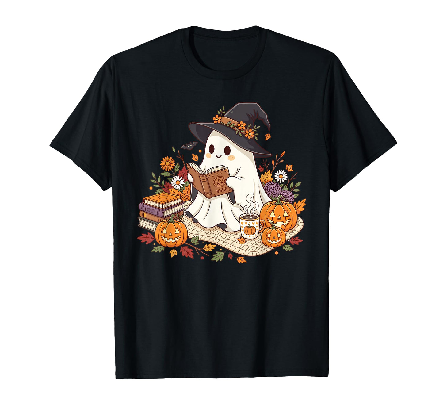 Ghost Reading Book Pumpkin Flower Halloween Reader Bookworm T-Shirt