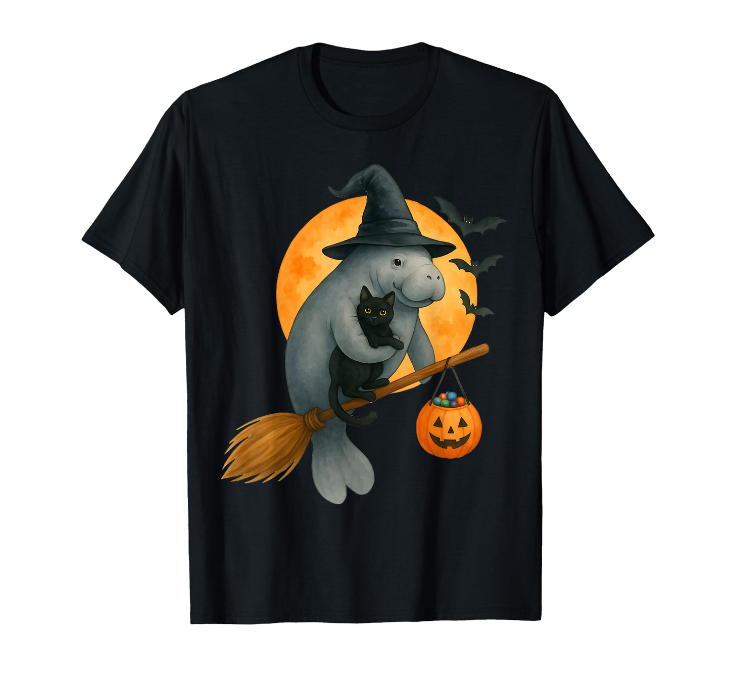 Manatee Witch Hat Black Cat Pumpkin Halloween Costume T-Shirt
