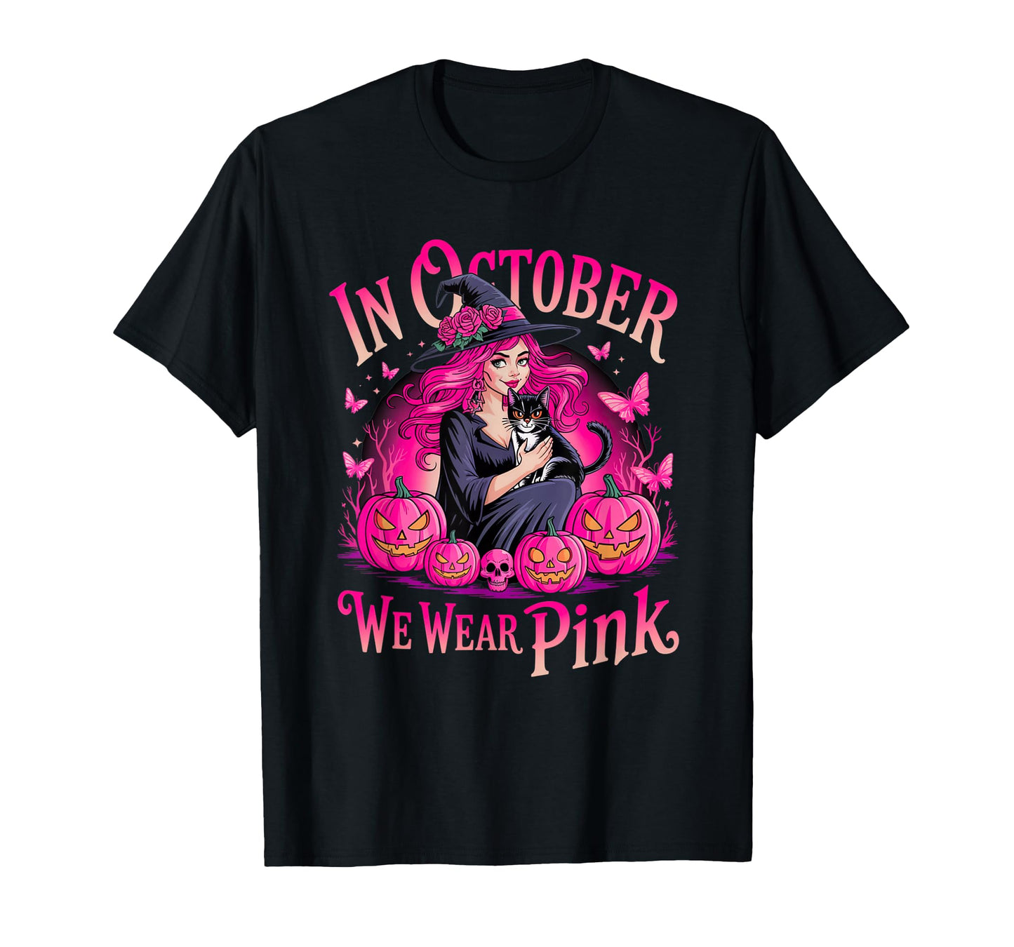 Retro in October We Wear Pink Witch Breast Cancer Awareness T-Shirt