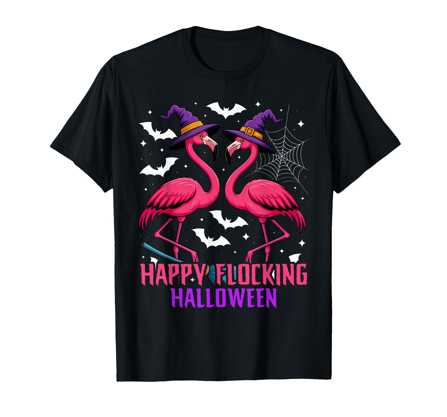 Happy Flocking Halloween Funny Pink Flamingo Witch T-Shirt