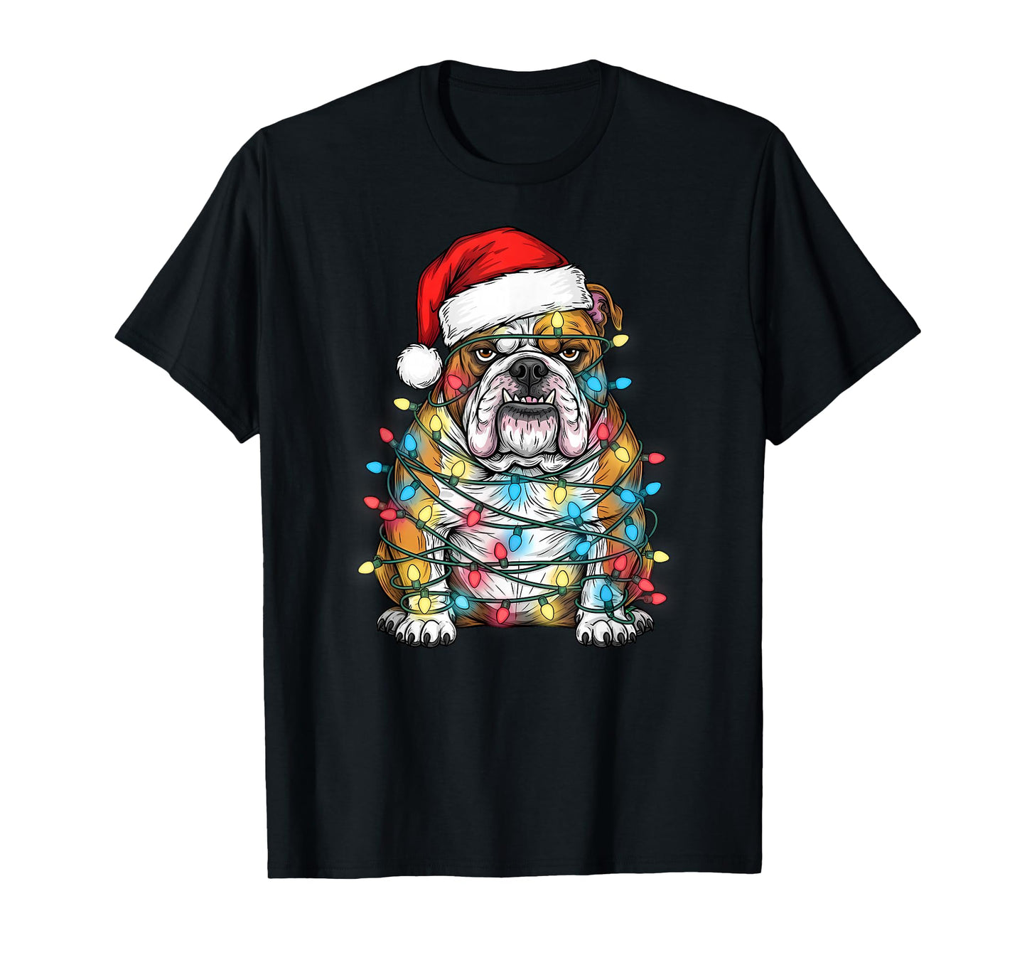 Funny Bull Dog Christmas Lights Santa Hat Pet Lover T-Shirt
