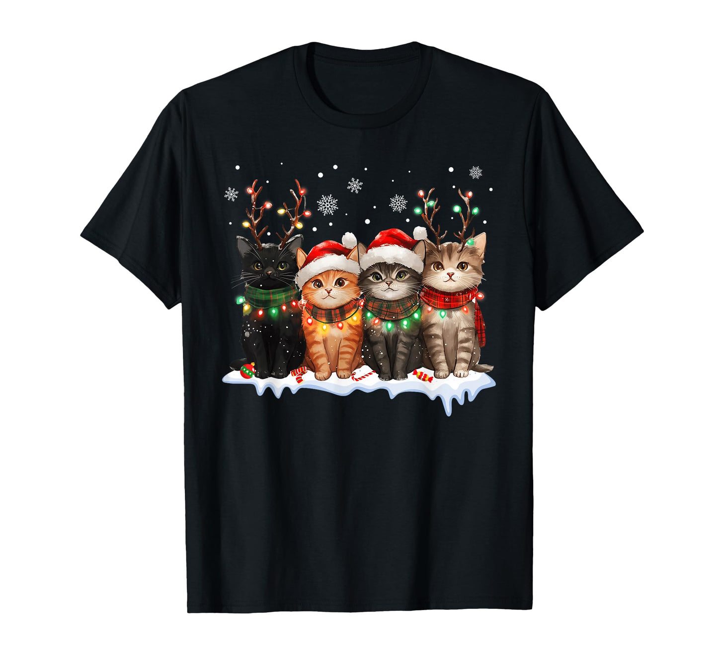 Cat Christmas Light Reindeer Santa Christmas Cat Lover T-Shirt