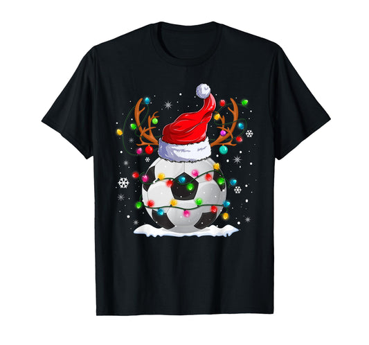 Soccer Santa Hat Reindeer Christmas Lights Funny Xmas T-Shirt