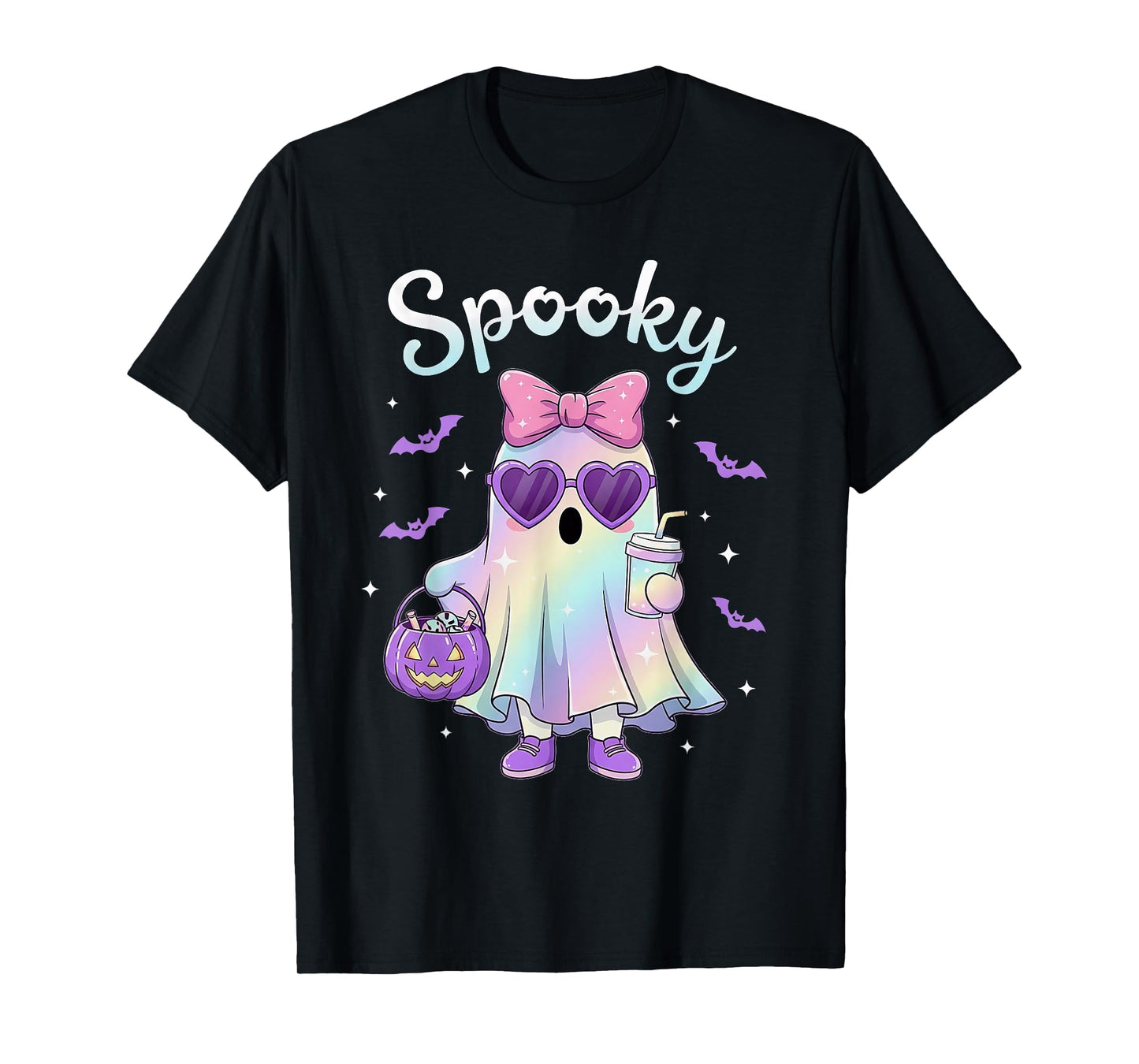 Pastel Galaxy Spooky Ghost Halloween Kids Ghost Coquette Bow T-Shirt