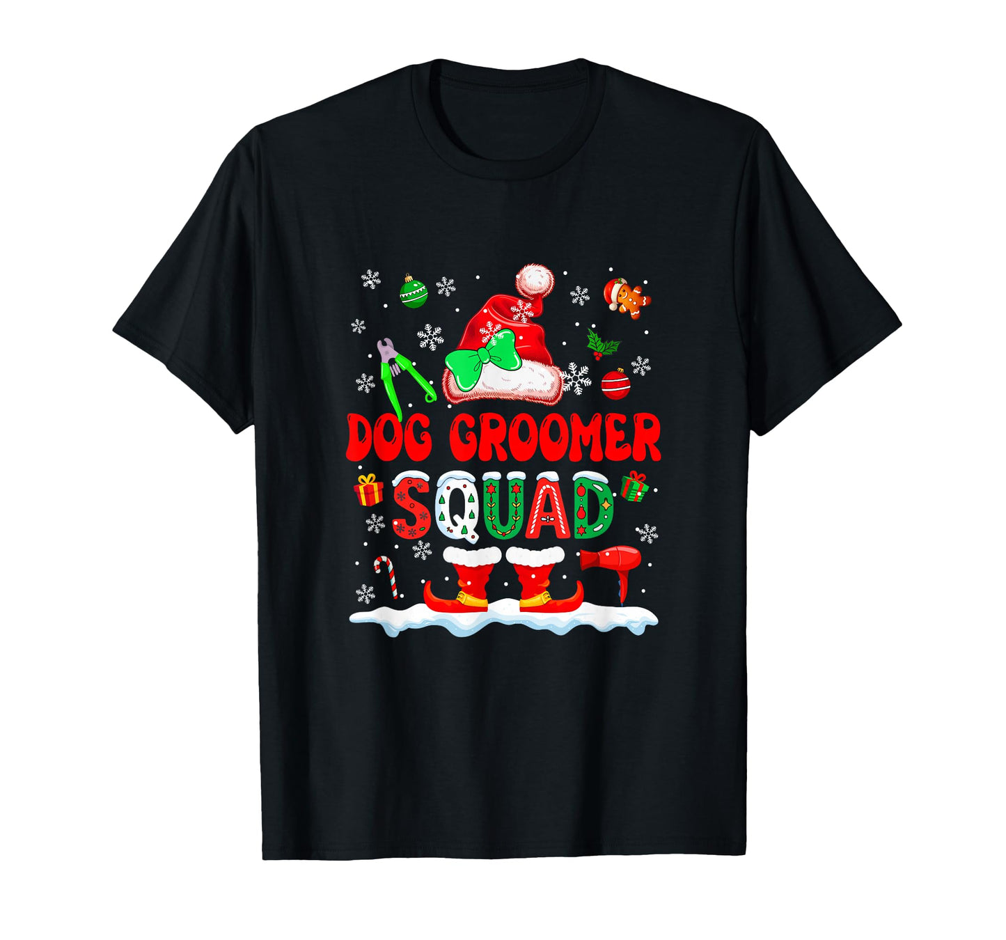 Dog Groomer Squad Women Job Christmas Santa Costume Bow Tie T-Shirt