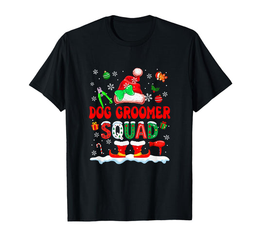 Dog Groomer Squad Women Job Christmas Santa Costume Bow Tie T-Shirt