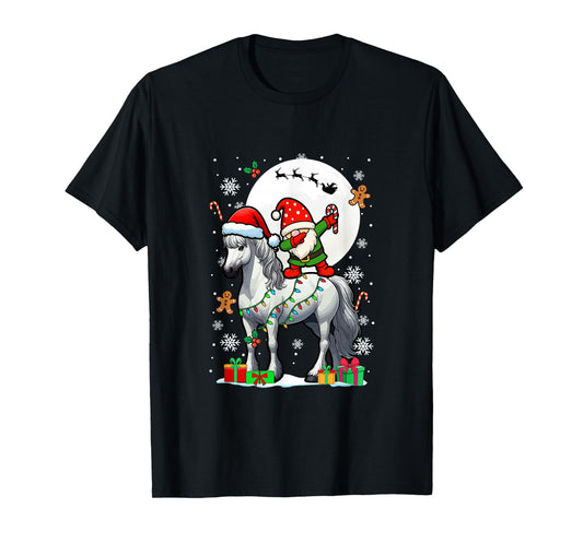 Dabbing Gnome On Horse Christmas Santa Colorful Lights T-Shirt