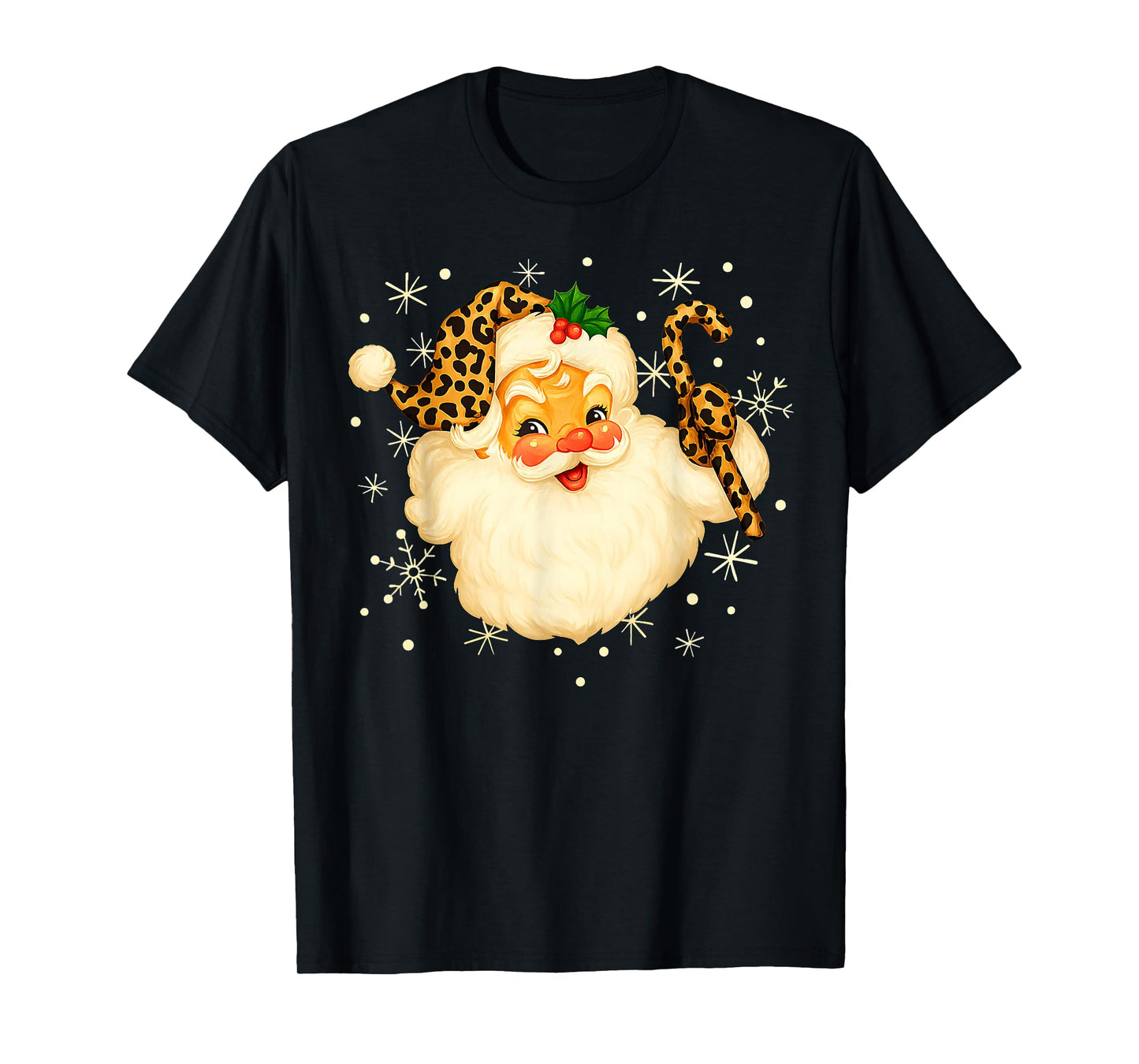 Funny Santa Claus Face Christmas Xmas Leopard Santa Hat T-Shirt