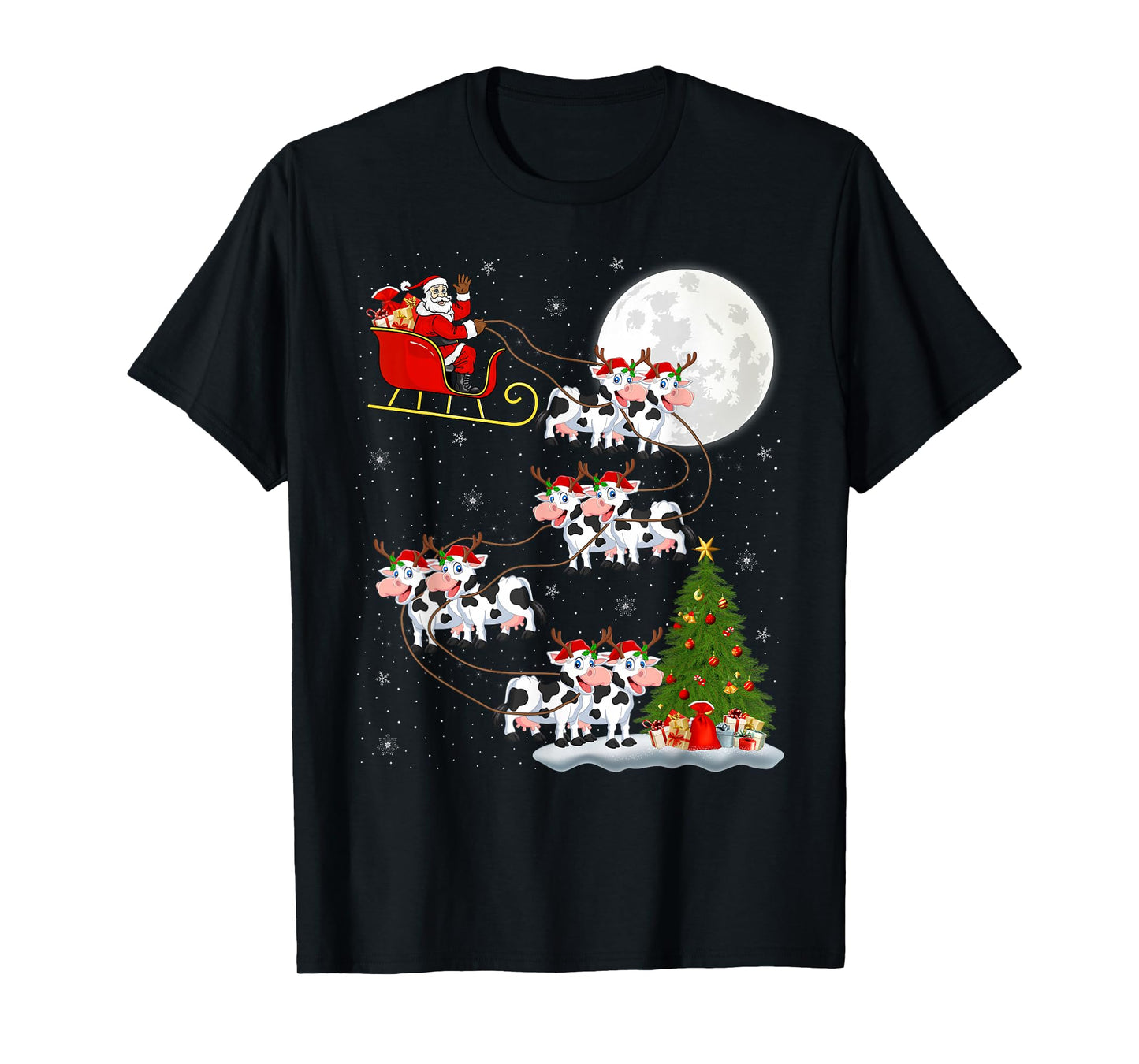 Cattle Cow Santa Sleigh Flying Funny Magical Christmas T-Shirt