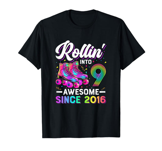 9th Birthday Shirt Girl Nine 9 Year Old Roller Skate Skating T-Shirt