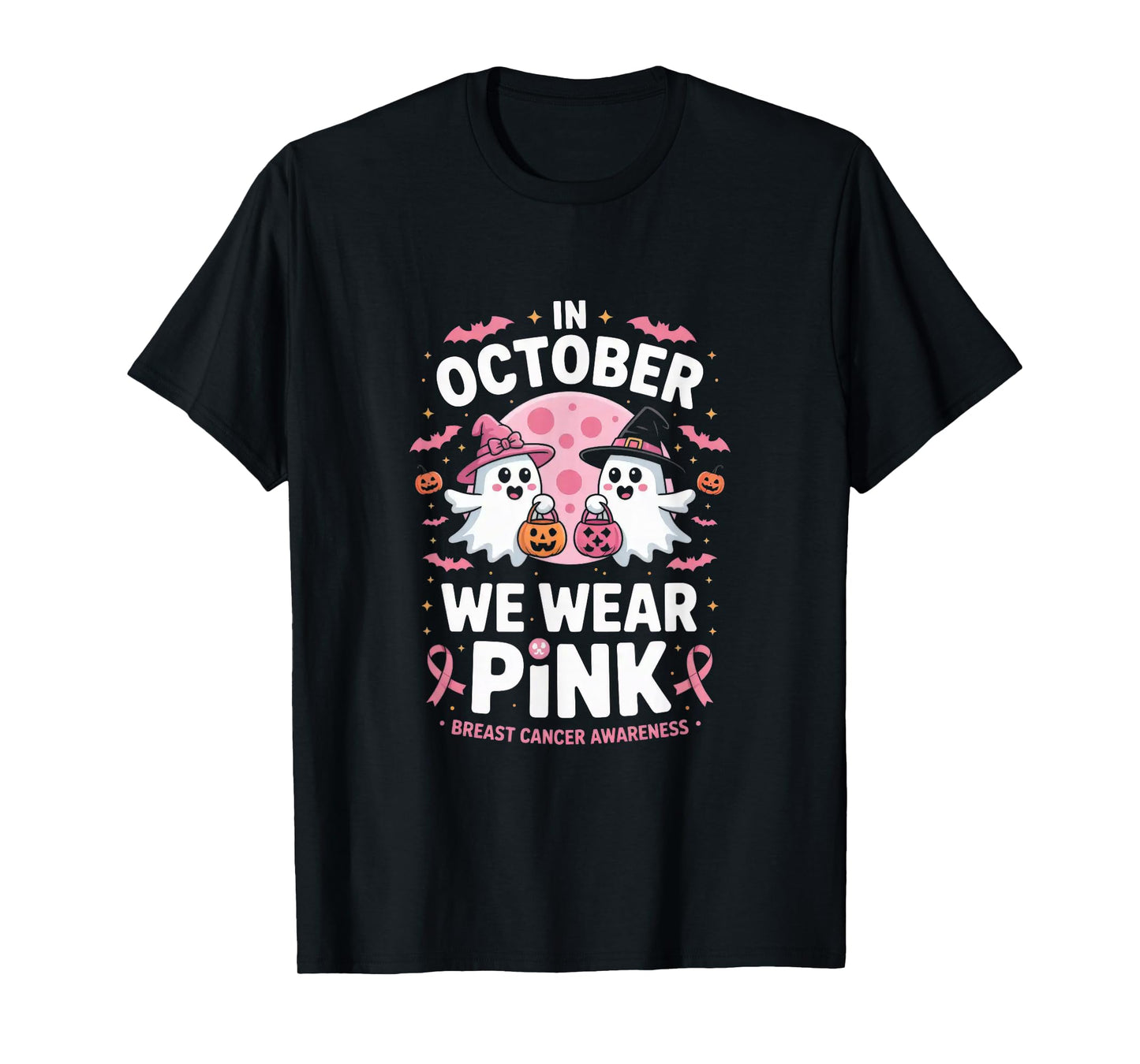 in October We Wear Pink Ghost Witch Breast Cancer Awareness T-Shirt