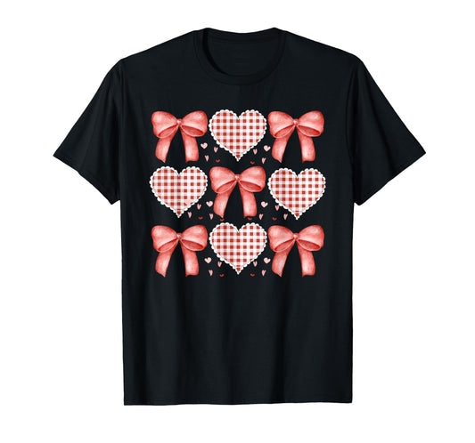 Valentine's Day Coquette Bows Gingham Hearts Vintage T-Shirt