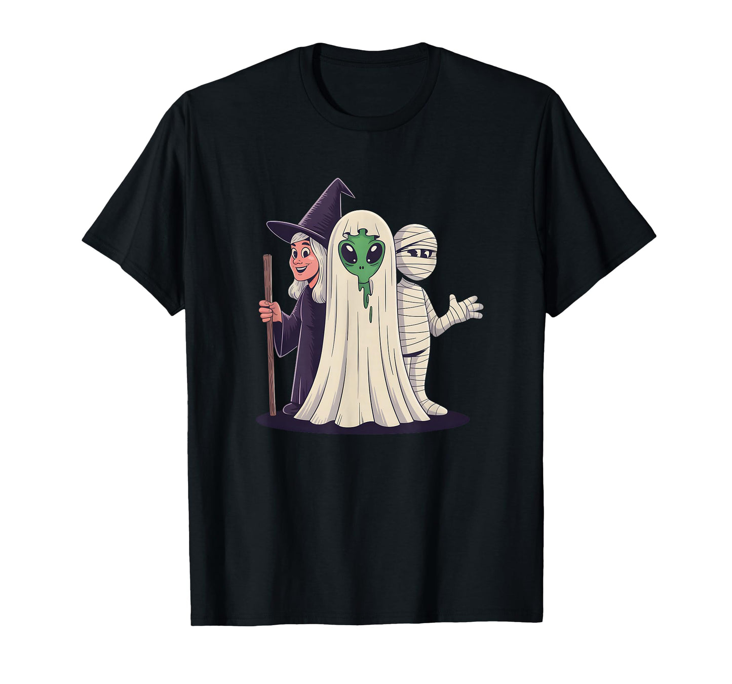 Halloween Squad Witch Alien Ghost and Mummy T-Shirt