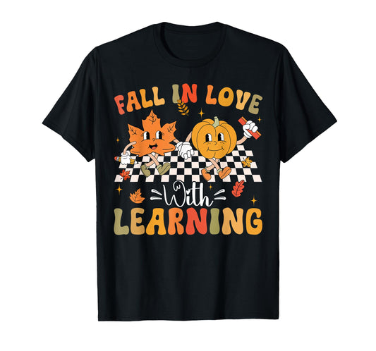Retro Fall In Love With Learning Autumn Pumpkin Teacher T-Shirt